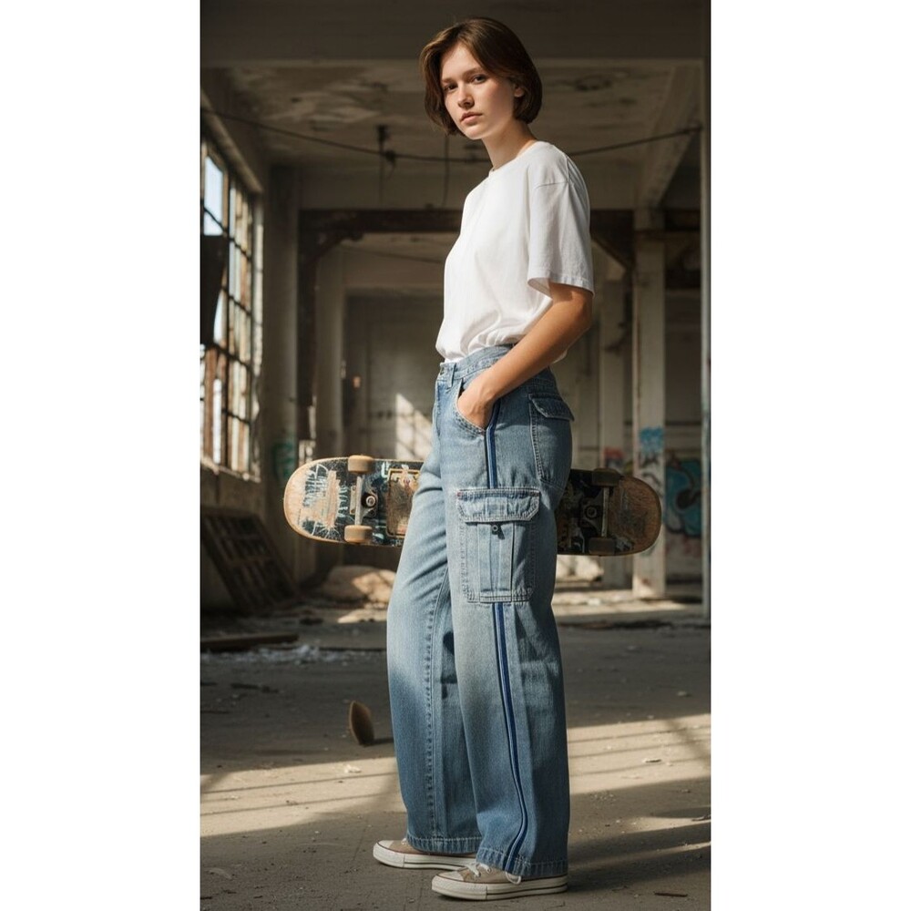 Jordache Y2K Skater Cargo Jeans Racer Stripe Baggy Wide Leg 28" waist